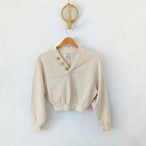 MATE the Label Cream V-Neck Cropped Sweatshirt With Wooden Buttons